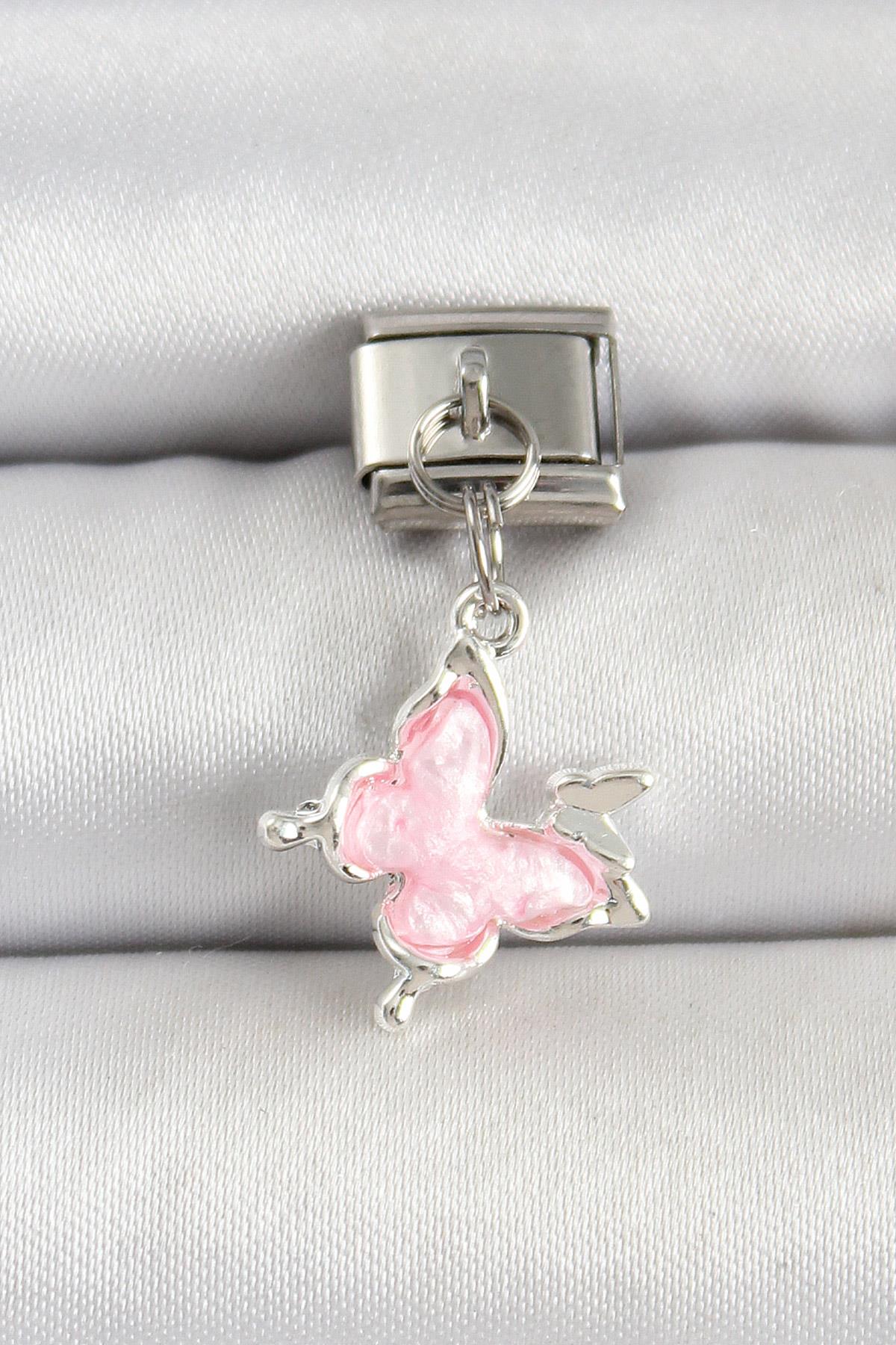 316L Çelik Gümüş Renk Pembe Kelebek Model Nomination Charm