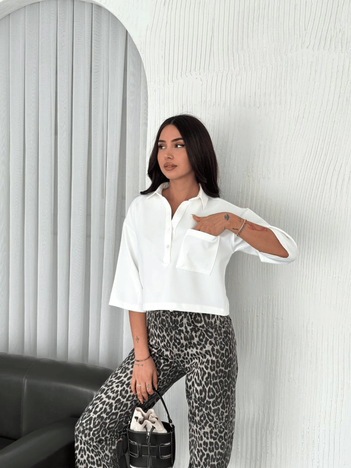 Crop Yakalı Gömlek Üç Çeyrek Sleeve Kol - Beyaz