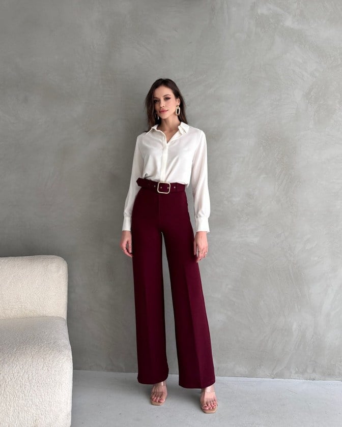 EN-BOY LİKRALI ÇİFT DÜĞMELİ VE KEMERLİ PALAZZO PANTOLON