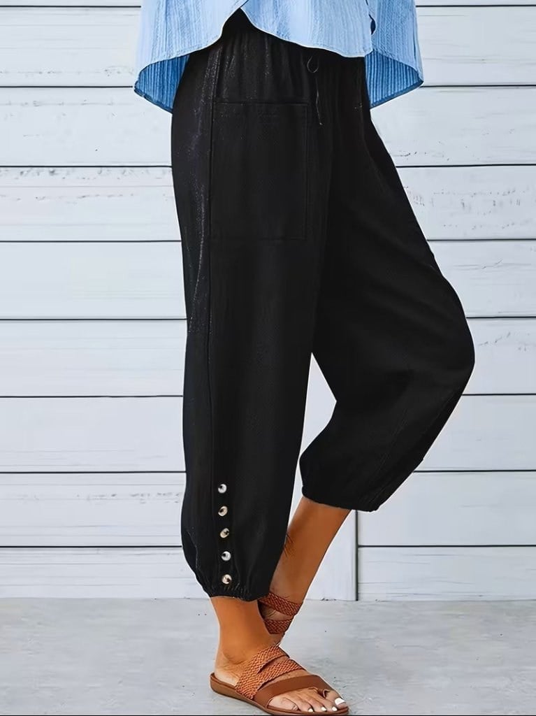 Kadın Beli Lastikli Bağcıklı Düğme Detaylı Pantolon