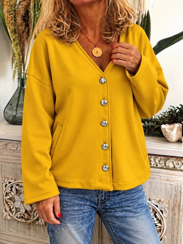 Kadın Düğme Detaylı V Yaka Oversize Hardal Sarısı Ceket / Hırka