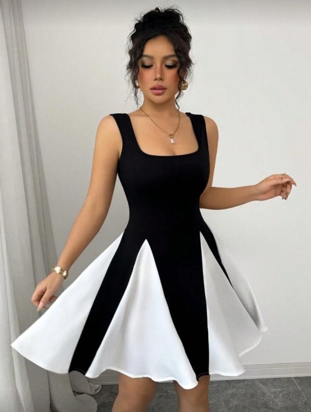 Kadın Kare Yaka çift Renk çan Etek Detay Mini Elbise