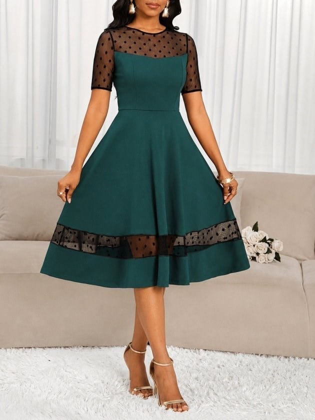 Kadın Kısa Kollu Bisiklet Yakalı Puantiye Tül Detaylı Midi Janjan Krep Elbise