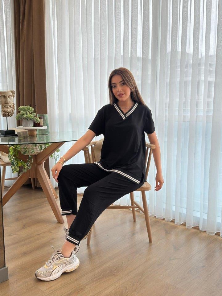 Kadın Kısa Kollu V Yakalı Iki Iplik Bluz Ve Pantolon Ikili Takım