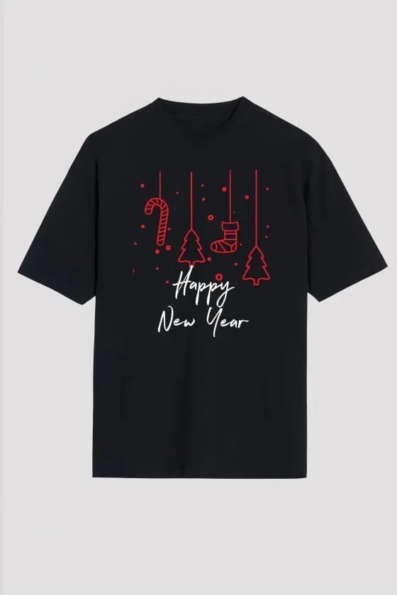 Yılbaşı Happy New Year Baskılı Kısa Kollu Oversize Bisiklet Yaka T-shirt - Siyah