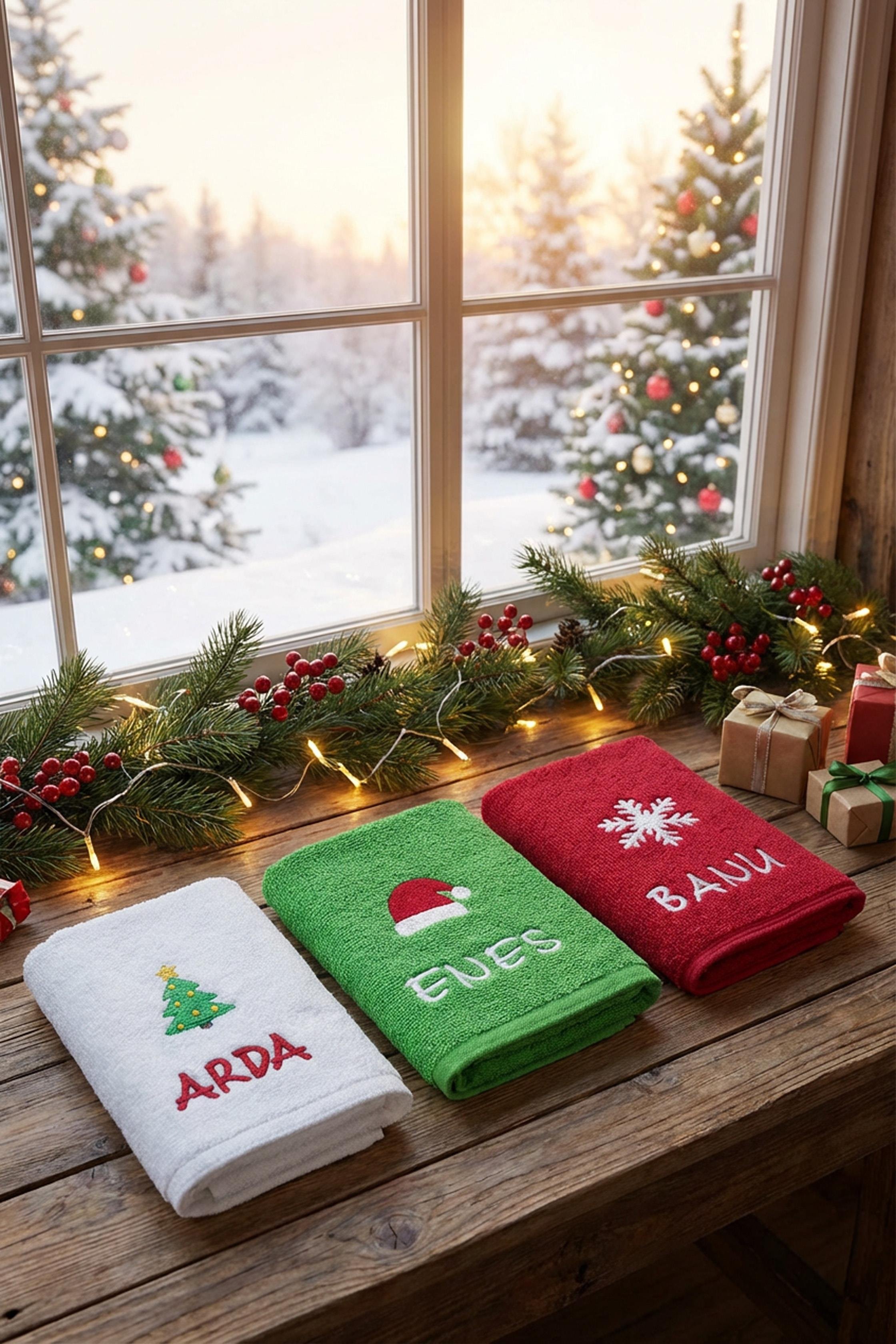  Kişiye Özel Yılbaşı Havlu Seti – İsimli Nakışlı El Havlusu (Çam Ağacı / Noel Şapkası / Kar Tanesi) 30x50 cm 3 lü set | Yeni Yıl Hediyesi