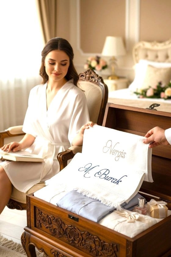 Kişiye Özel Nakışlı Gelin Damat Bohça Havlu Seti | İsim İşlemeli Beyaz Kadife Havlu (2'li) 50x90 cm