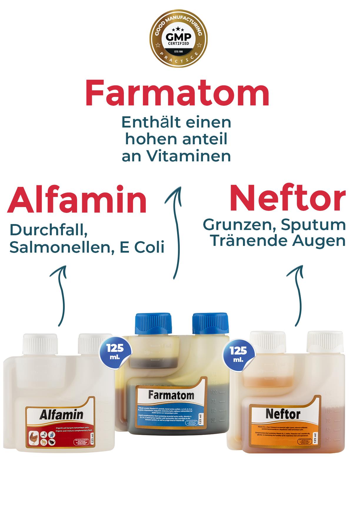 3 Geflügel Set 125ml Neftor Wheeze - Alfamin Diarrhoe - Farmatom Vitamin