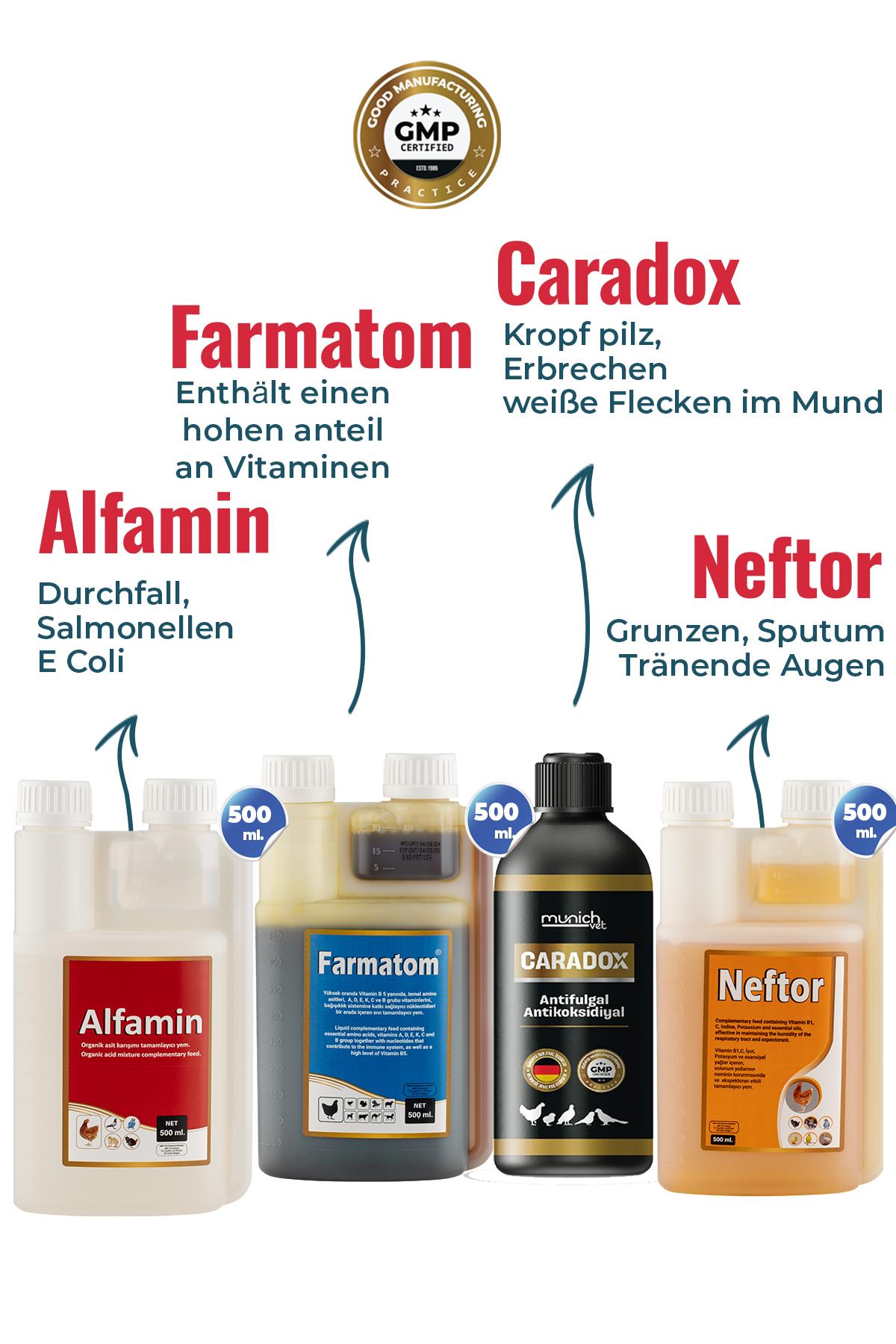 4 Geflügel Set 500 ml Caradox Darmpilz Neftor Keuchhusten Alfamin Durchfall Farmatom Vitamin
