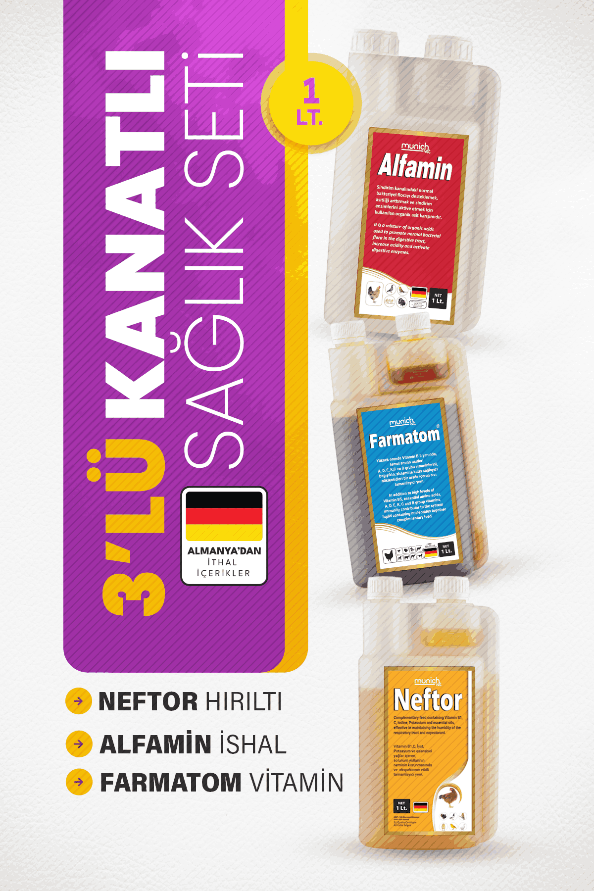 Munich Vet 3lü Kanatlı Seti 1Litre Neftor Hırıltı - Alfamin İshal - Farmatom Vitamin
