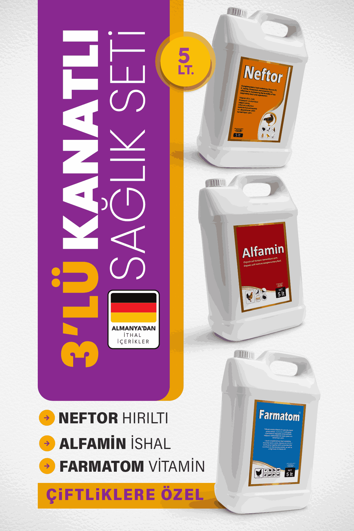 Munich Vet 3lü Kanatlı Seti 5 Lİtre Neftor Hırıltı Alfamin İshal Farmatom Vitamin