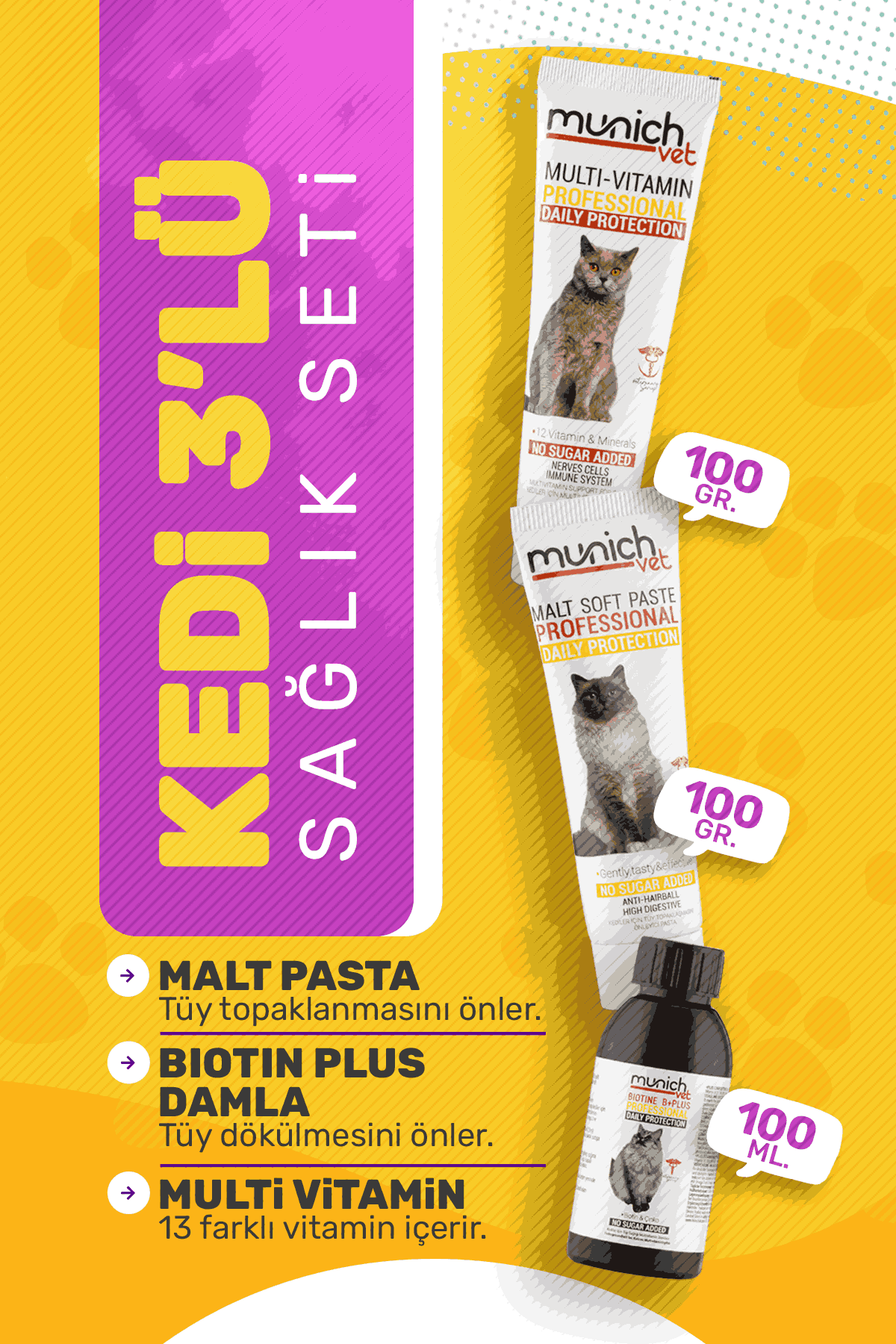 Munich Vet 3lü Kedi Seti Biotine Plus Damla Multi Vitamin Malt Paste