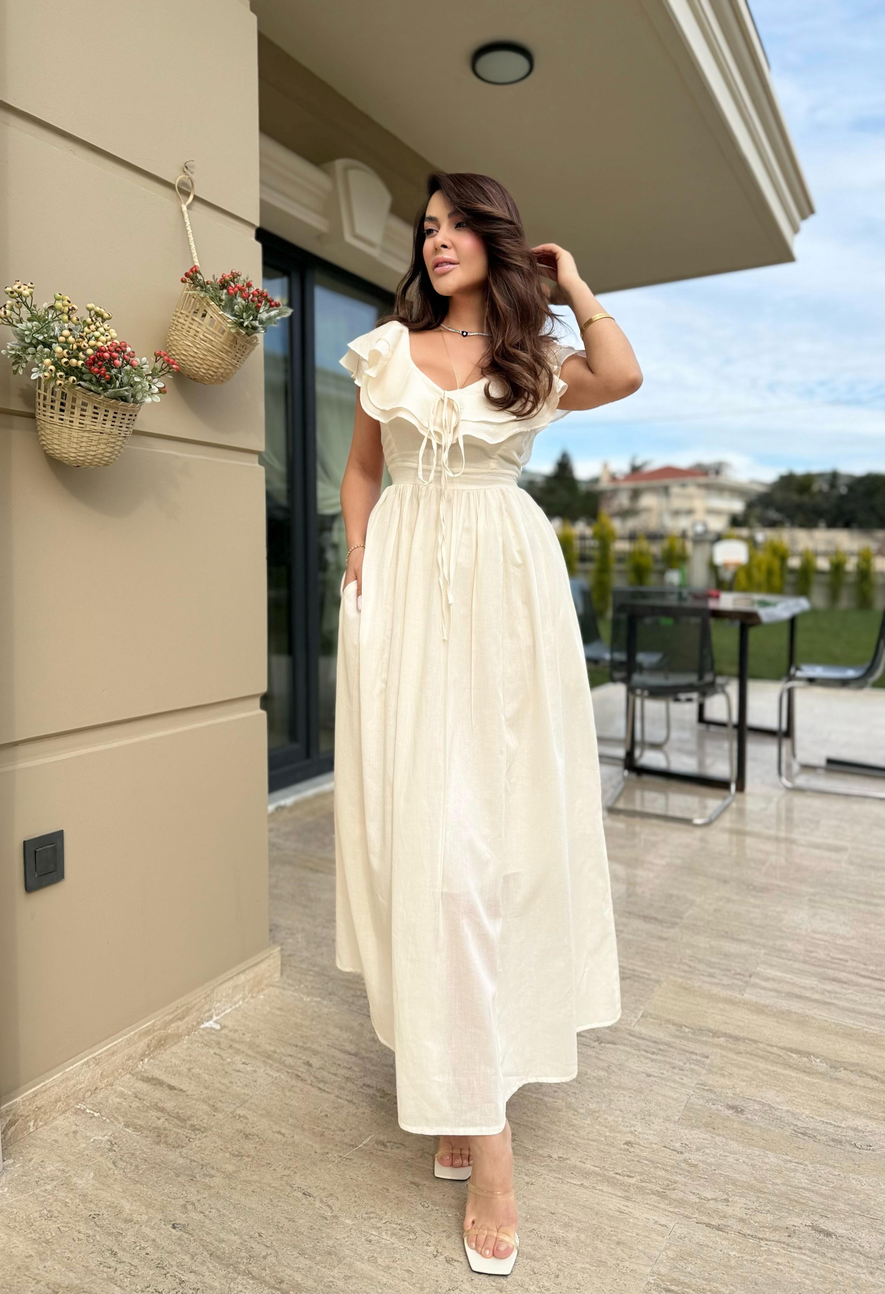 ARKASI AÇIK KETEN ELBİSE