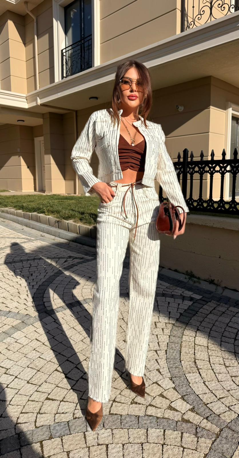 Su Yolu Taşlı Denim Takım