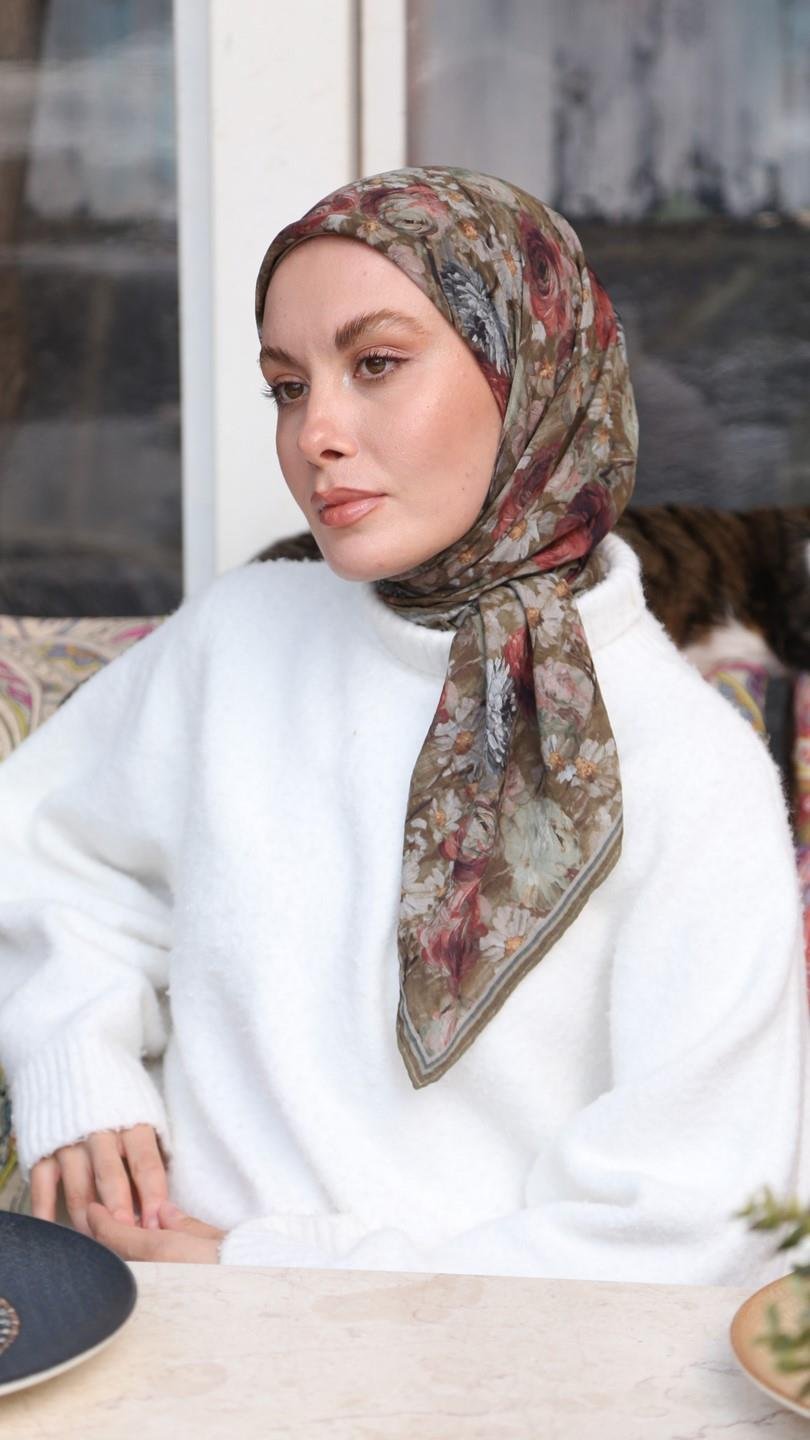 FLOWER DESEN EŞARP HAKİ YEŞİL