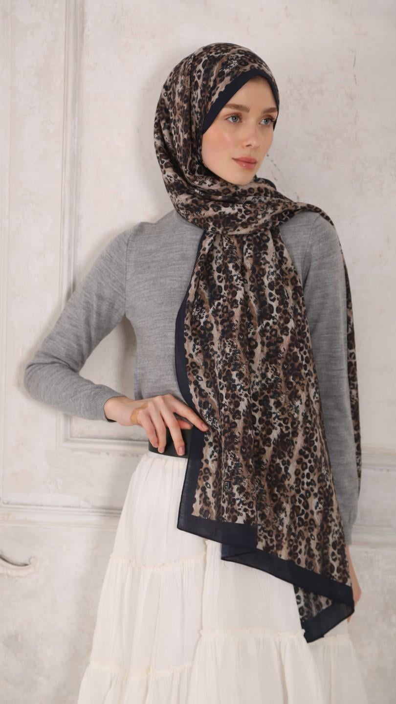 LEOPAR DESEN ŞAL LACİVERT