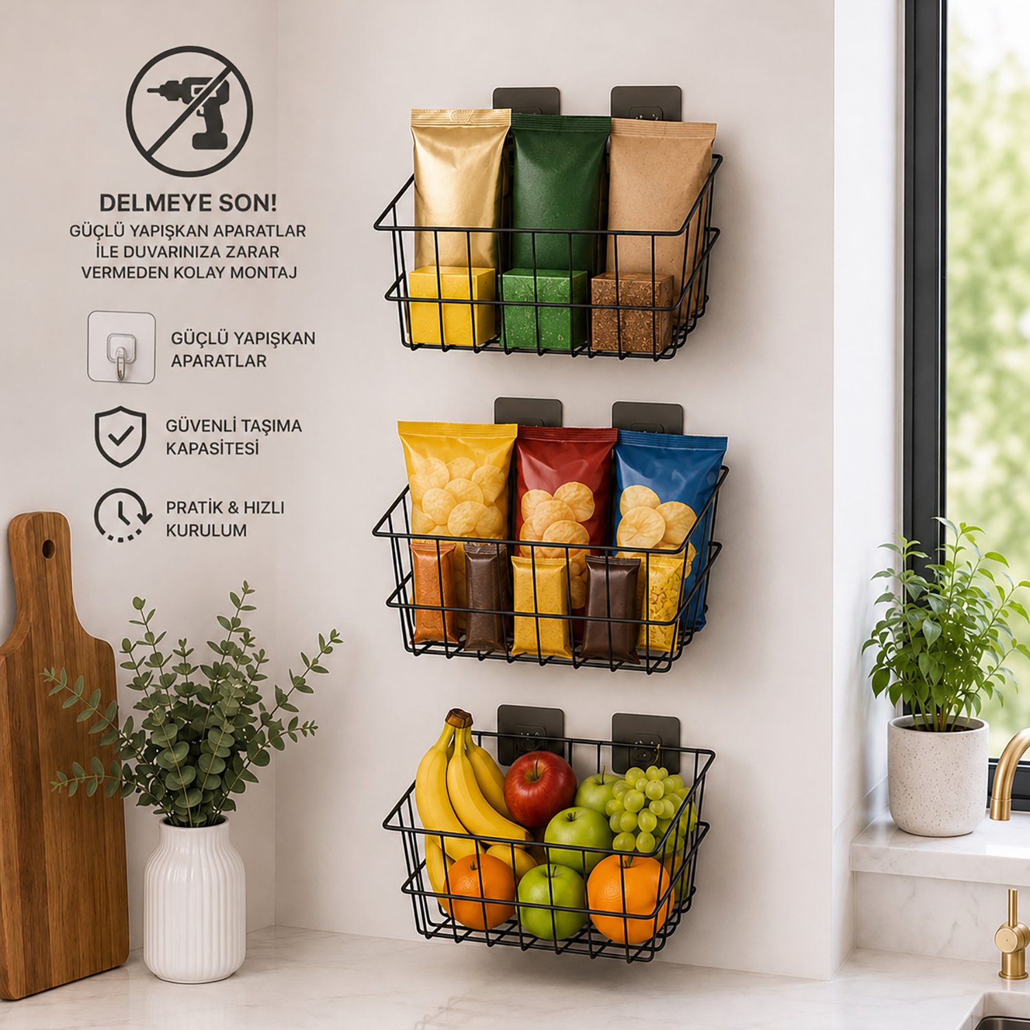 Decorelax 21x21 cm Yapışkanlı Duvar Sepeti 3'lü Set - Ekonomik Ev ve Ofis Düzenleyici Tel Sepet Kombini