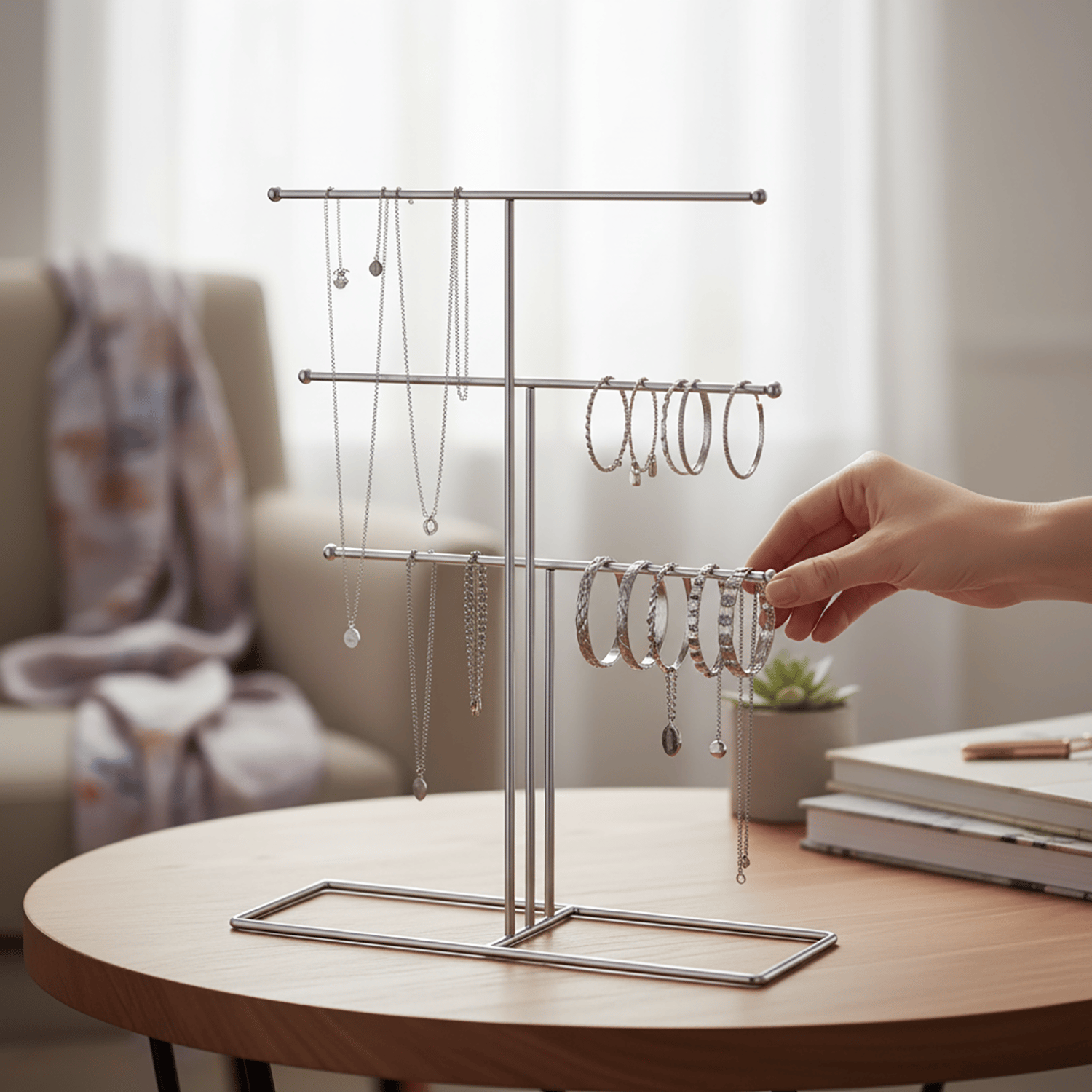 Decorelax Metal Takı Standı Gümüş – Masaüstü Kolye Küpe Bileklik Askısı Yüzük Düzenleyici Organizer (Model 3)