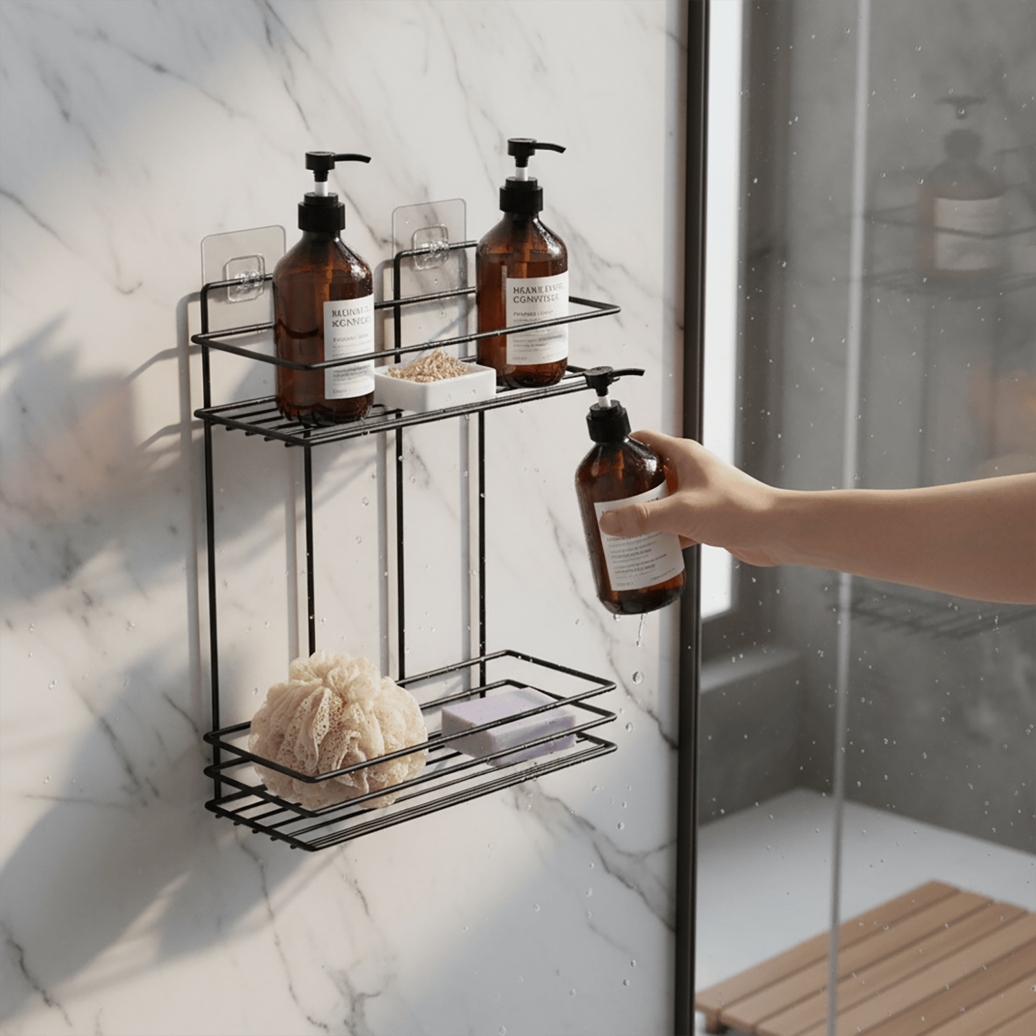 Decorelax Yapışkanlı 2 Katlı Banyo Rafı Duş Şampuanlık - Delmesiz Siyah Dikdörtgen Banyo Organizeri