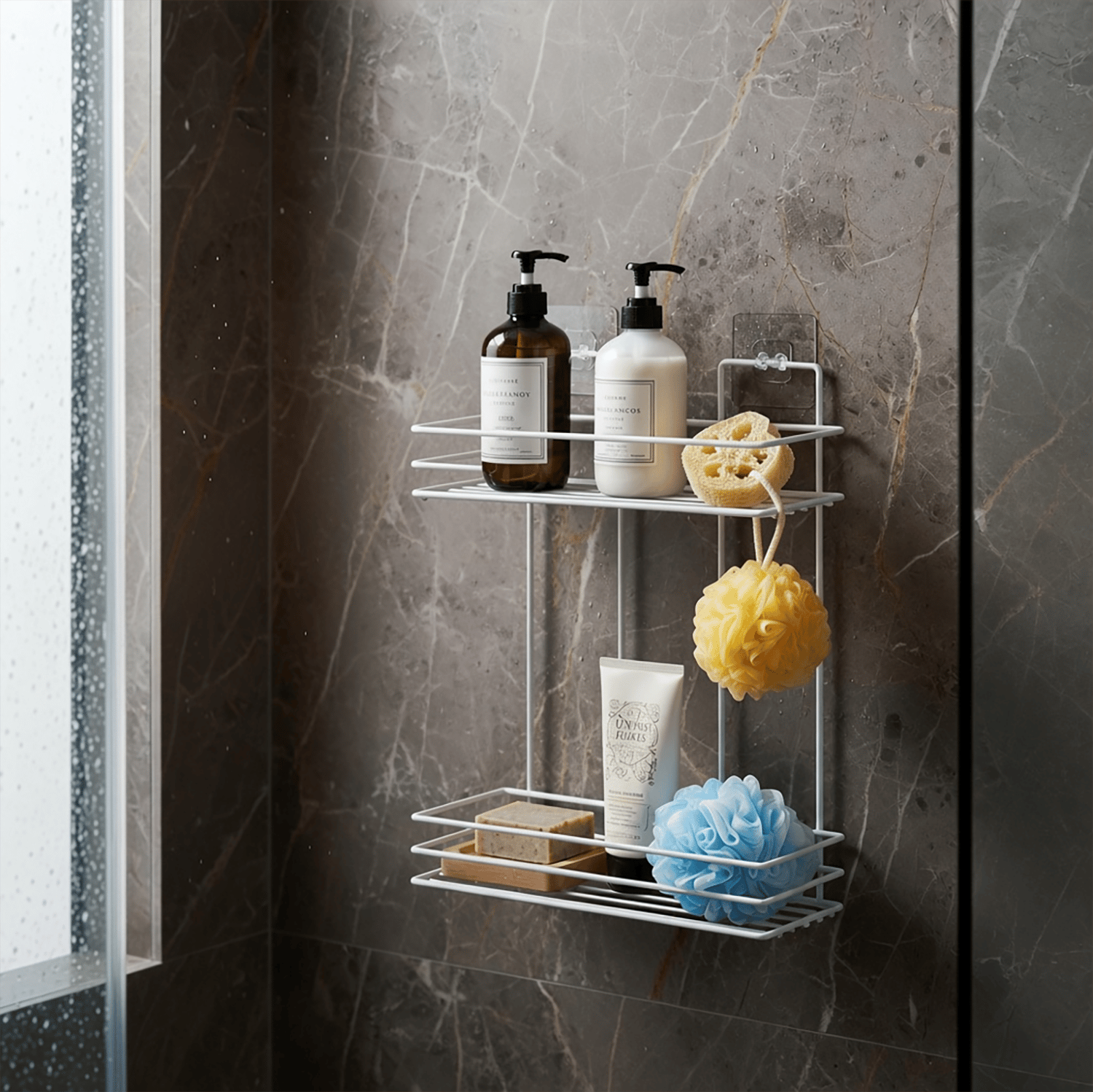 Decorelax Yapışkanlı 2 Katlı Banyo Rafı Duş Şampuanlık - Delmesiz Beyaz Dikdörtgen Banyo Organizeri