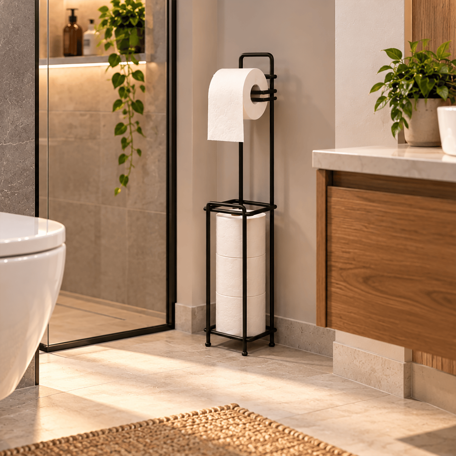 Decorelax Yedekli Metal Tuvalet Kağıtlığı Standı Siyah - WC Kağıtlık Tutucu Banyo Aksesuarı