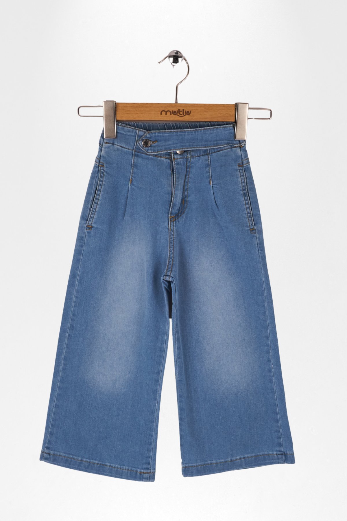 BEL APOLETLİ GENİŞ PAÇA KIZ KOT PANTOLON