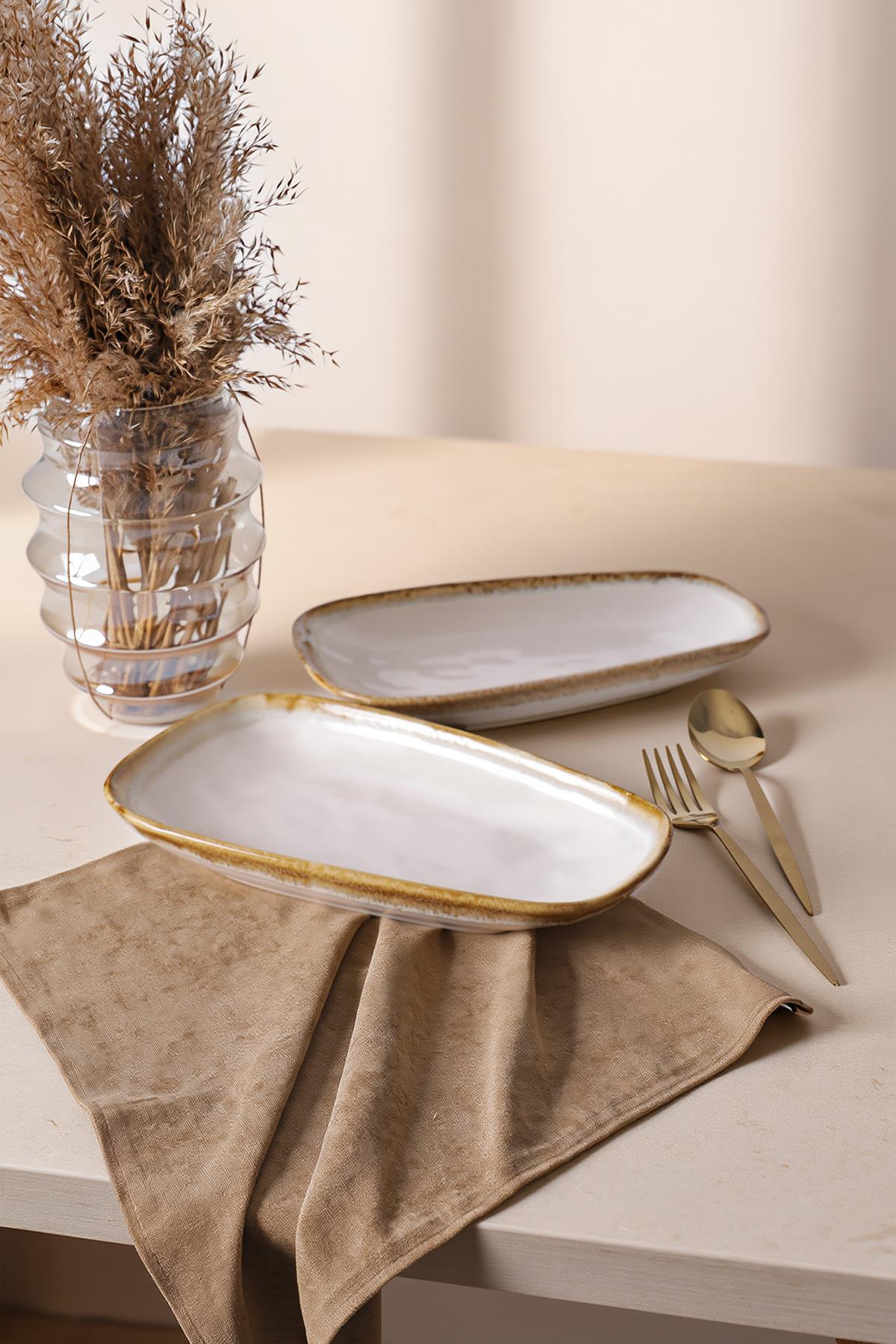 Keramika Shizen Krem Tetra Kayık Tabak 28 Cm 2 Adet Q44