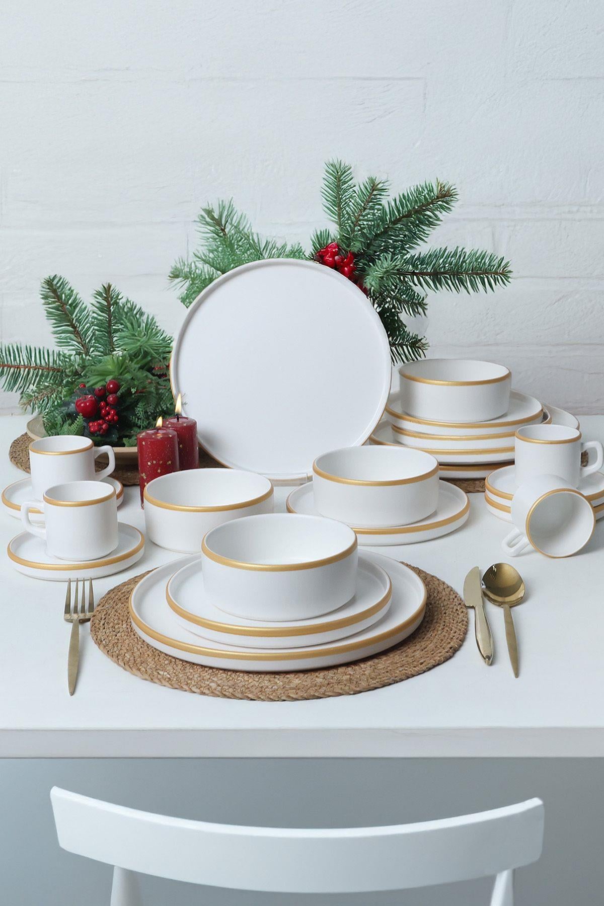 Mat Beyaz Gold Fileli Stackable Yemek / Kahvaltı Takımı 20 Parça 4 Kişilik