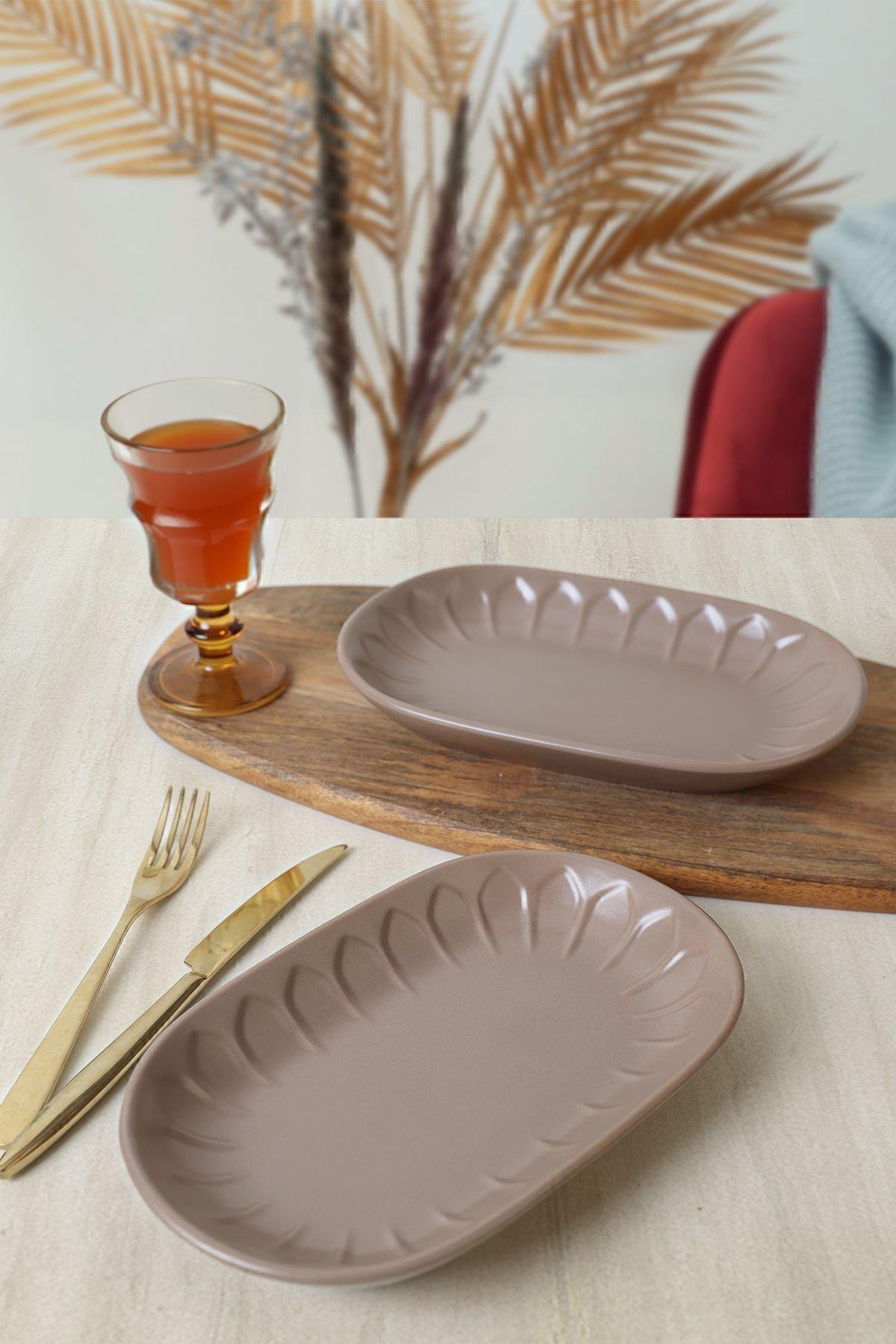 Mat Toprak Taupe Badem Kayık Tabak 25 Cm 2 Adet 977