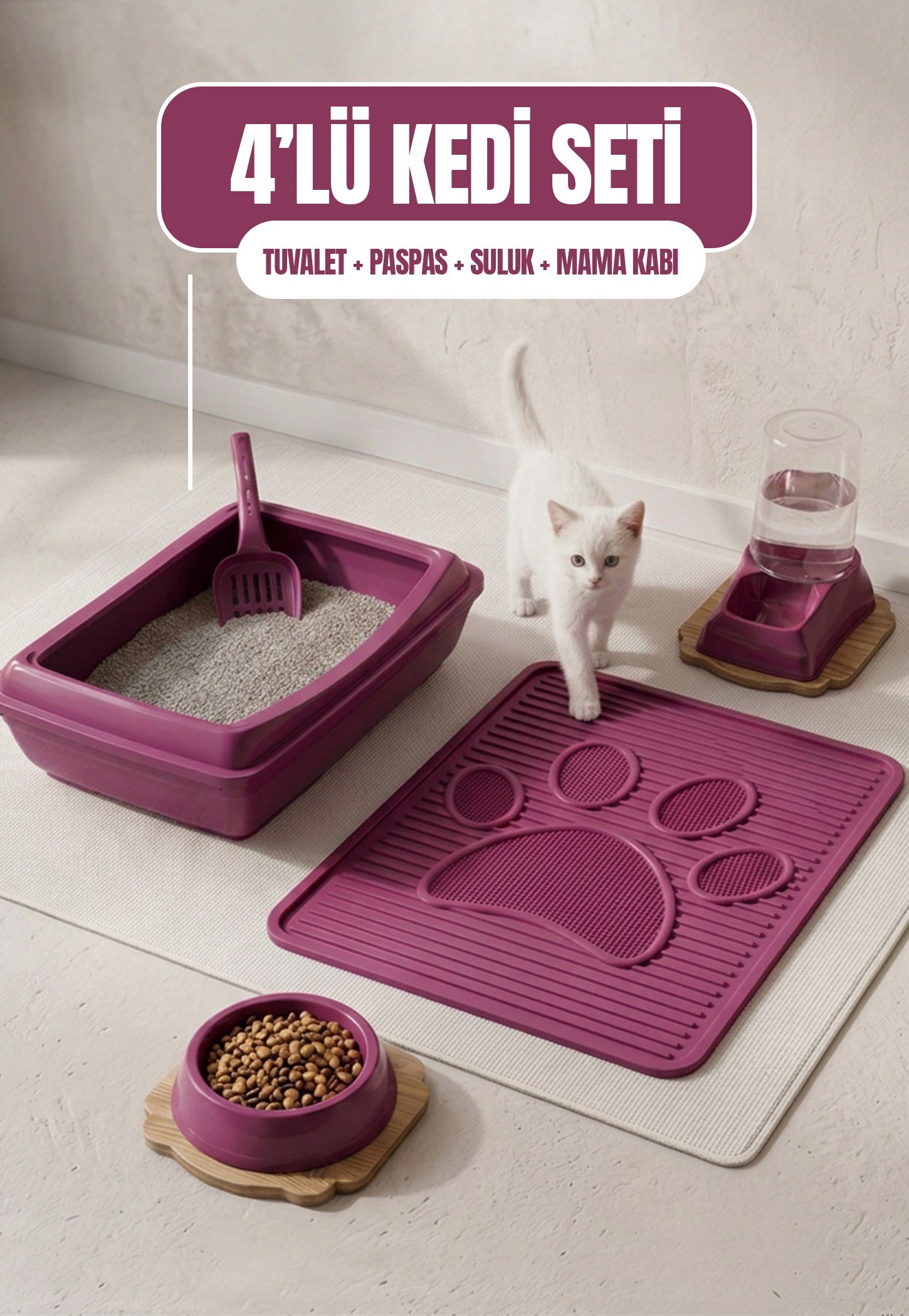 Açık 4'lü Kedi Seti (Tuvalet + Suluk + Mama Kabı + Paspas)
