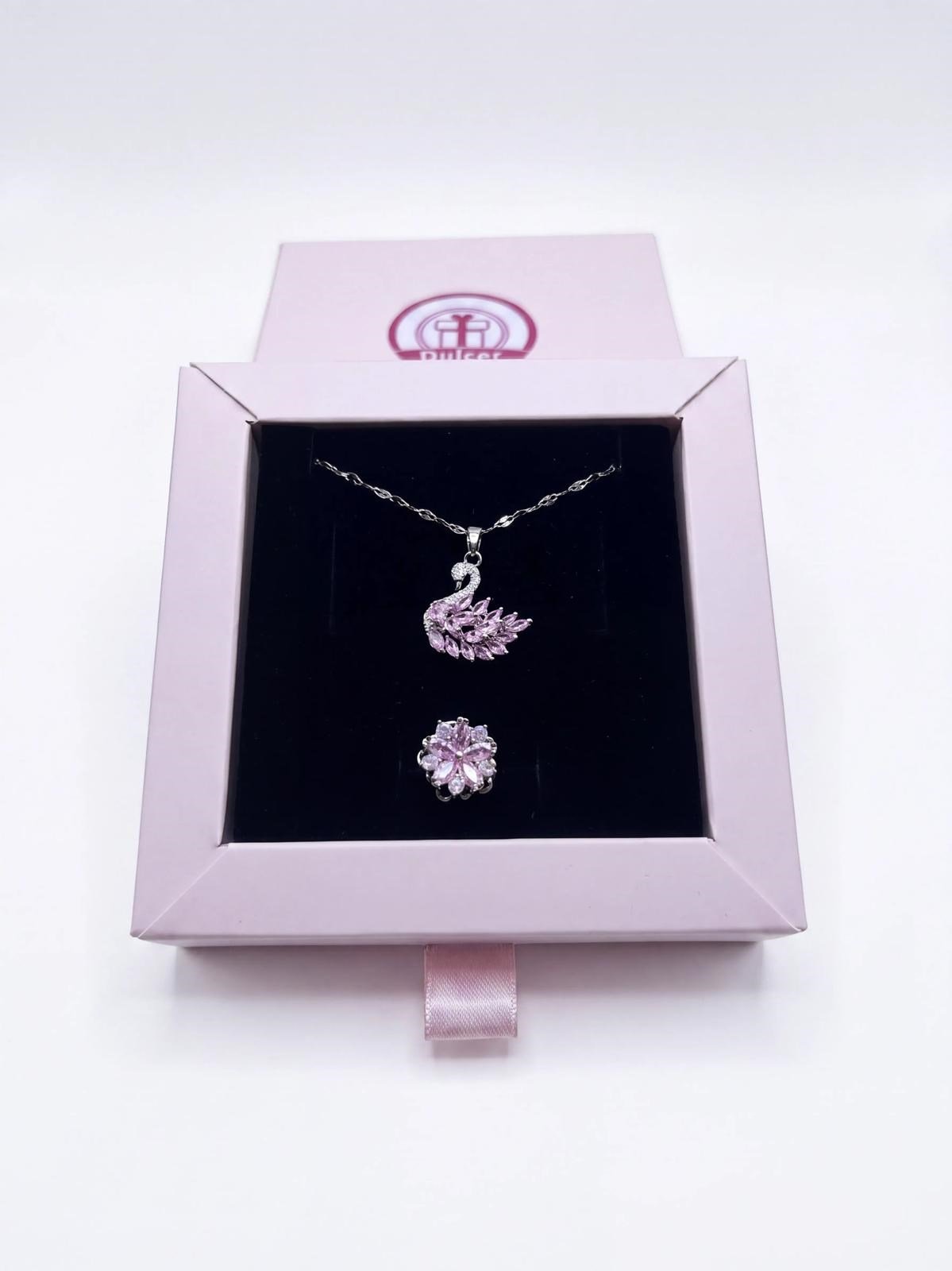 pembe taşlı kuğu kolye ve yüzük seti