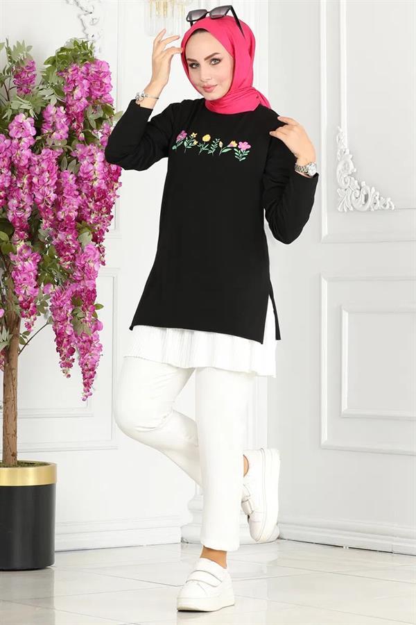 Çiçek Baskılı Siyah Penye Model Kodu 8416