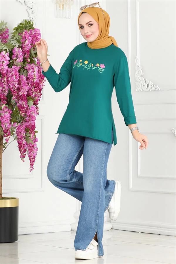 Çiçek Baskılı Zümrüt Yeşil Penye Model Kodu 8416