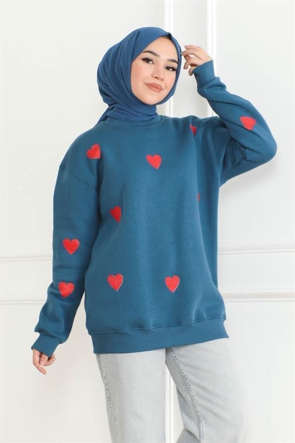 KALP BASKILI MAVİ 2 İPLİK SWEATSHİRT