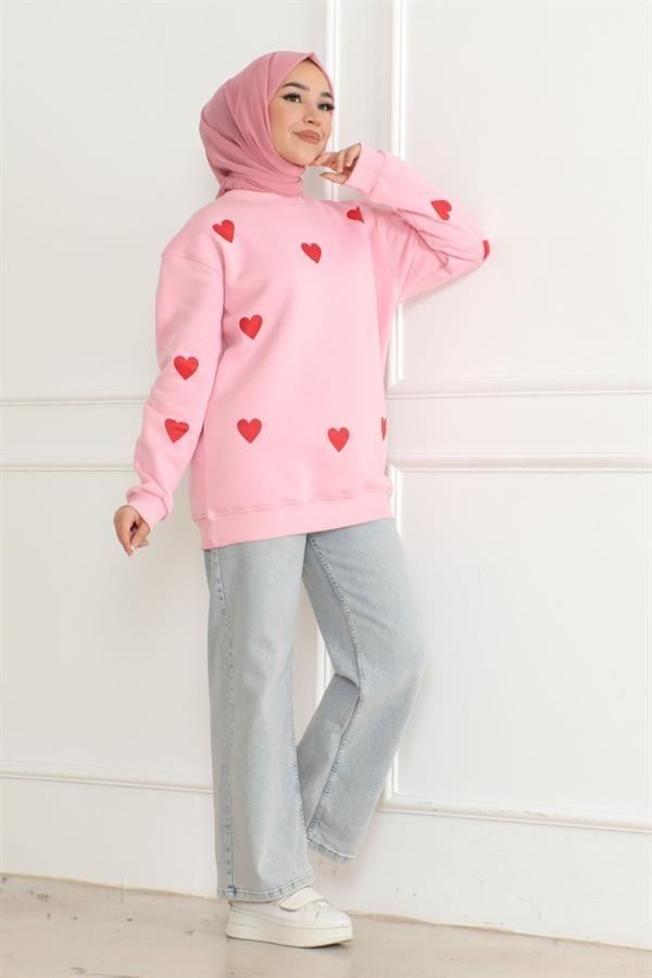 KALP BASKILI PEMBE 2 İPLİK SWEATSHİRT MODEL KODU 8430