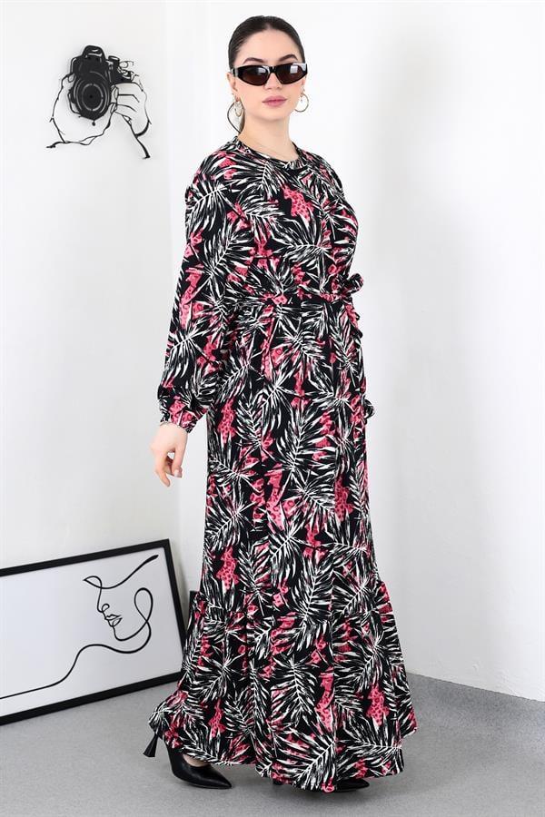 PEMBE YAPRAK DESEN KUŞAKLI ELBİSE 8462