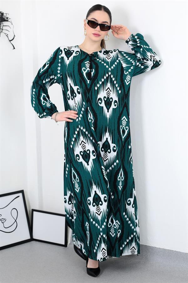 ZÜMRÜT BOHO PÜSKÜLLÜ BATTAL ELBİSE8461