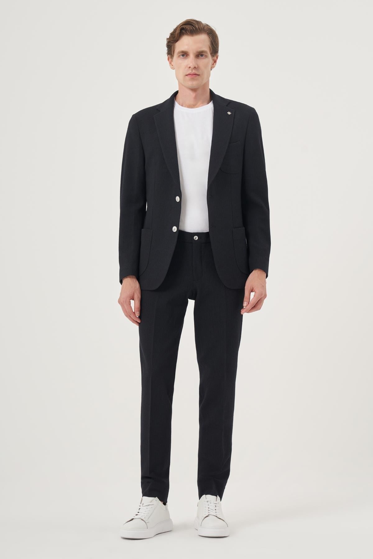Erkek Lacivert Poliviskon Trend Çizgili Slim Fit Mono Yaka Takım Elbise