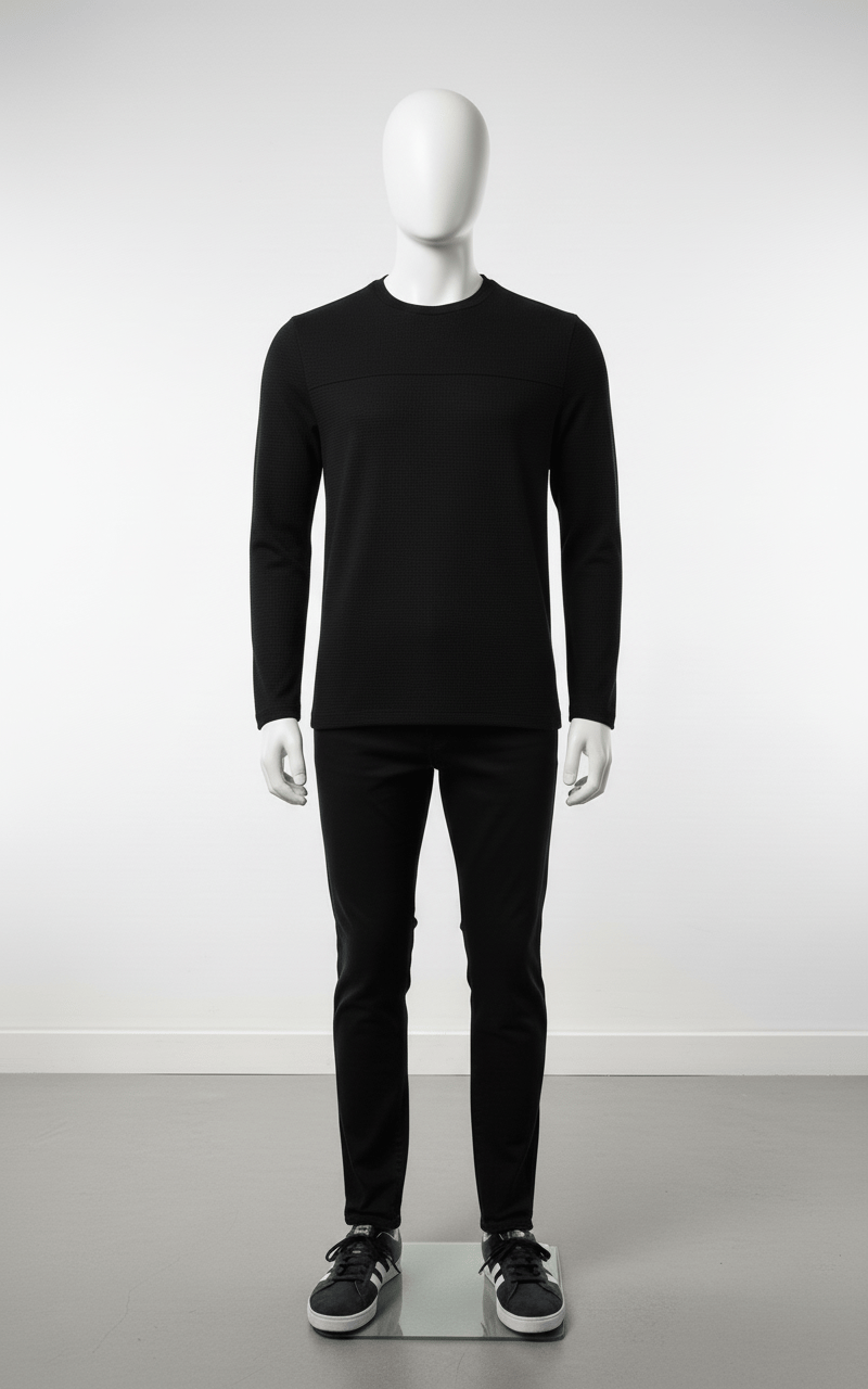 Erkek Standart Fit Rahat Kesim Waffle Dokulu Bisiklet Yaka Pamuklu Sweatshirt