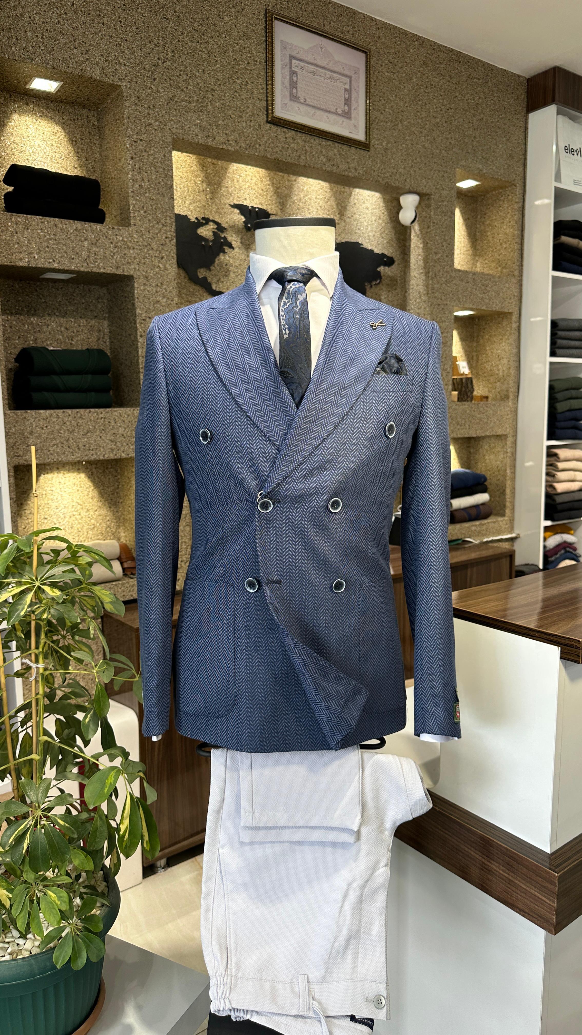 Lacivert Kruvaze Slim Fit Erkek Ceket (Astarsız)