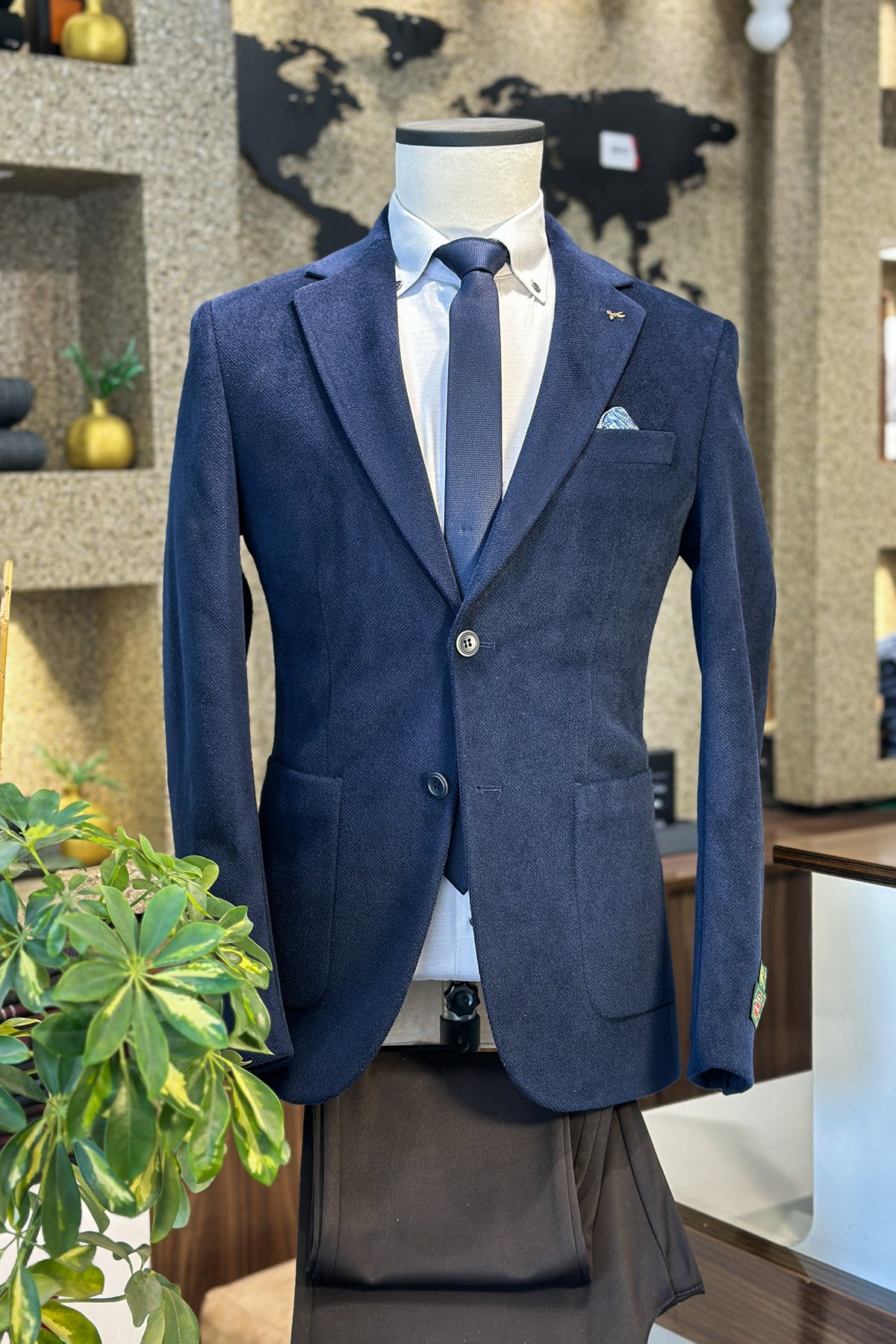 Slim Fit Çift Düğme Torba Cep Kadife Lacivert Erkek Ceket