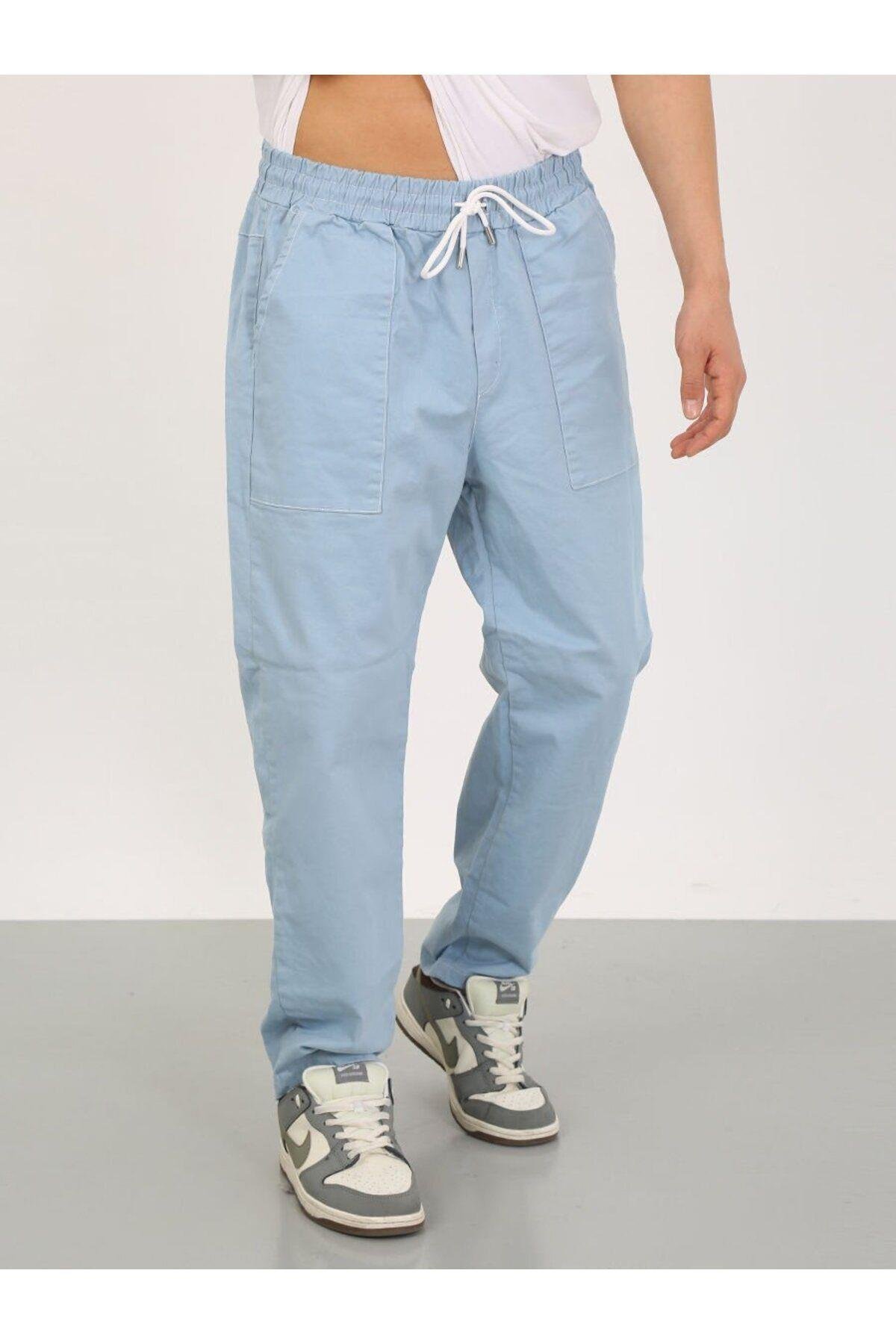Açık Mavi Oversize Premium Sewing Cepli Yürüyüş Pantolonu-M - Açık Mavi