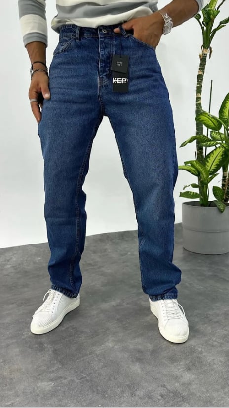 Baggy Koyu Mavi Renk Eskitme Kot Pantolon