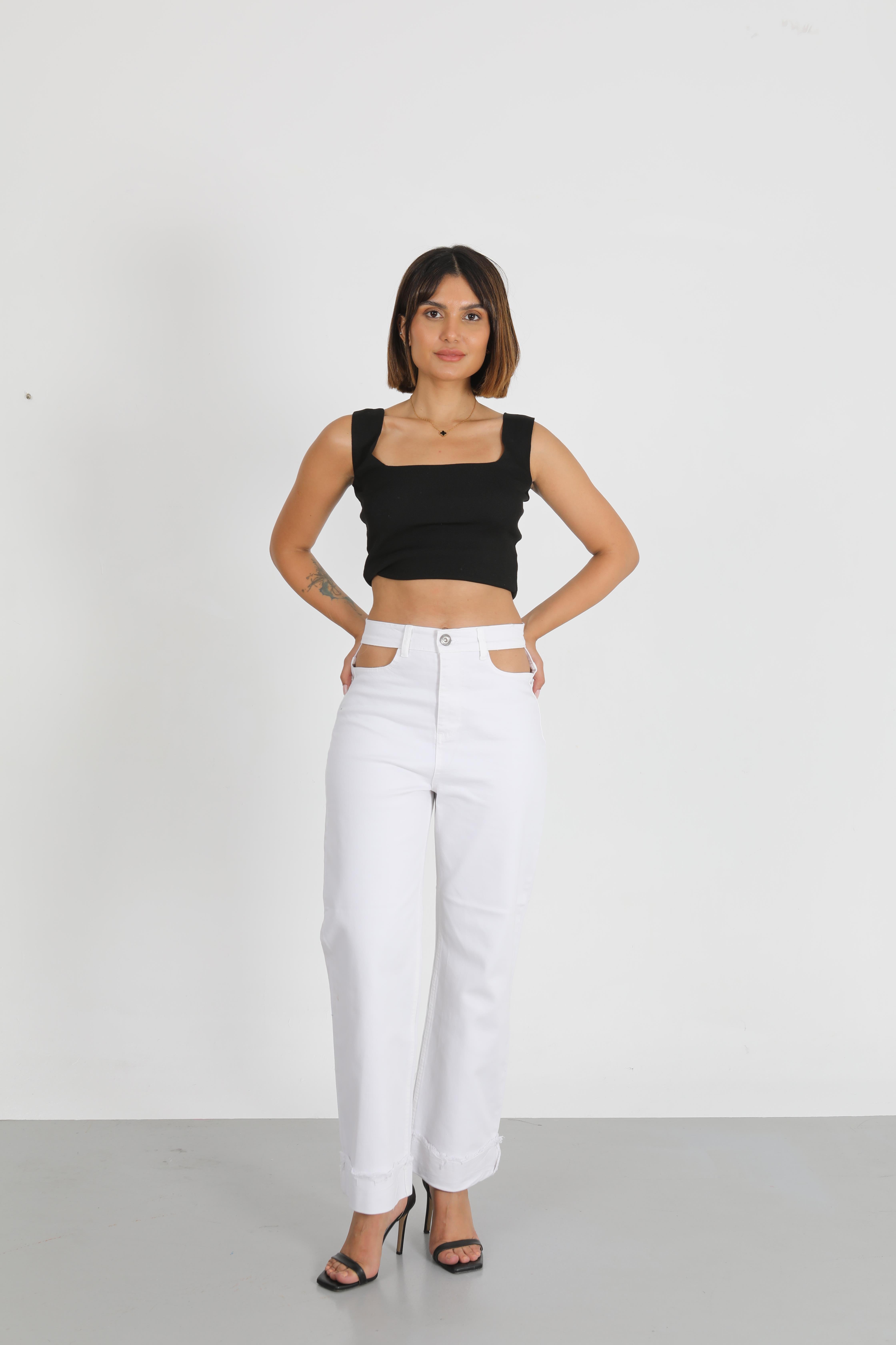 BEYAZ CEP DETAYLI PALAZZO PANTOLON WİDE LEG JEANS YENİ SEZON 2026