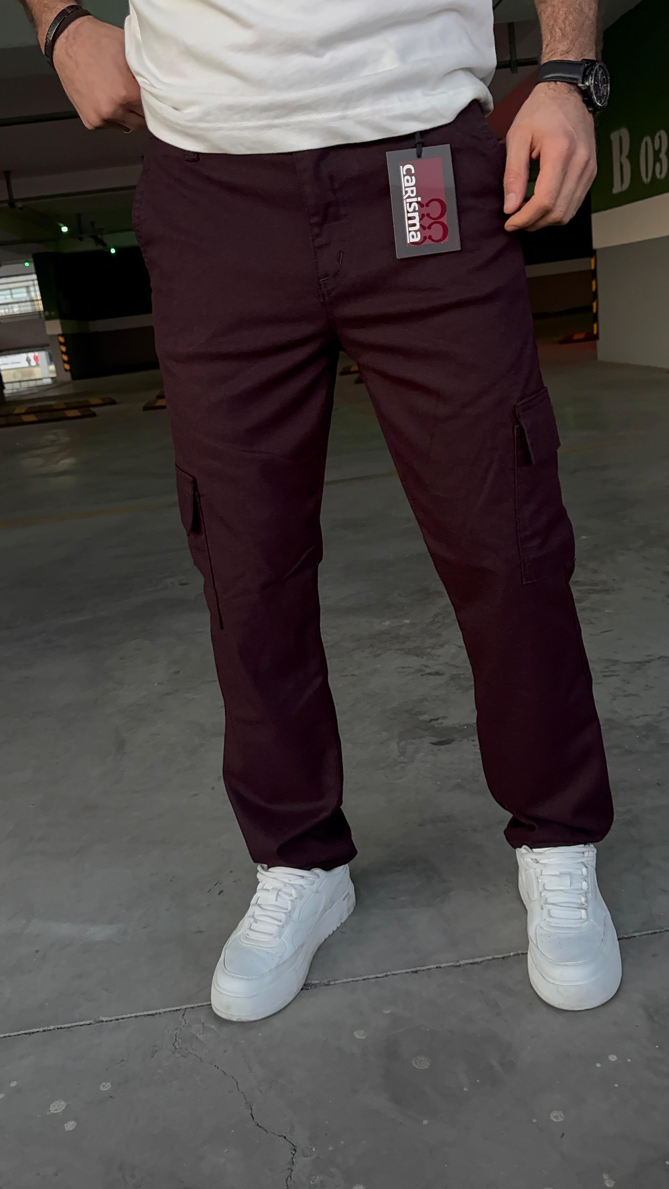 Erkek Bordo Kargo Cep Baggy Jeans