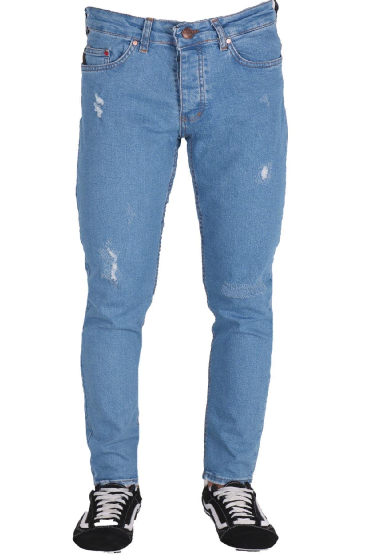 Erkek Denim Mavi Lazer Işlemli Kot Pantolon