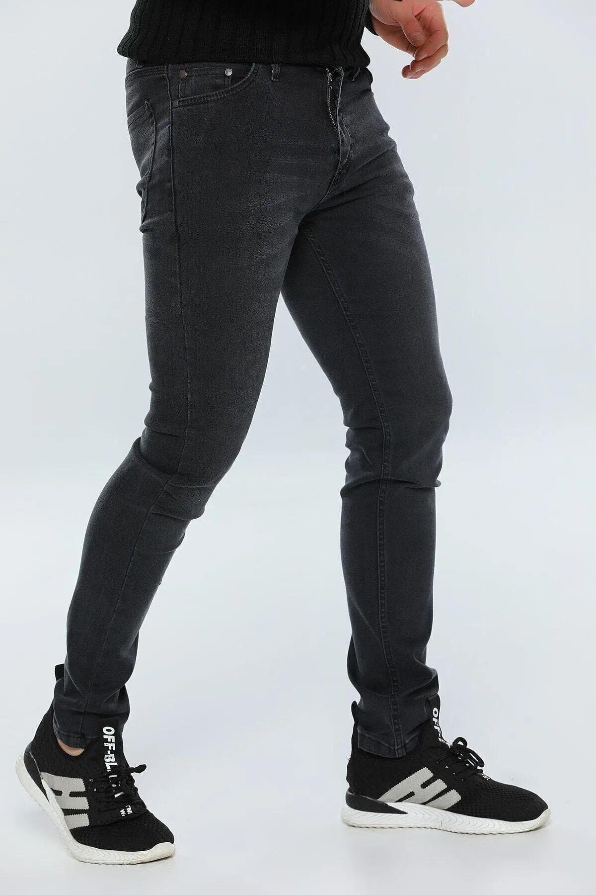 Erkek Gri Füme Slim Fit Likralı Esnek Jean Kot Pantolon