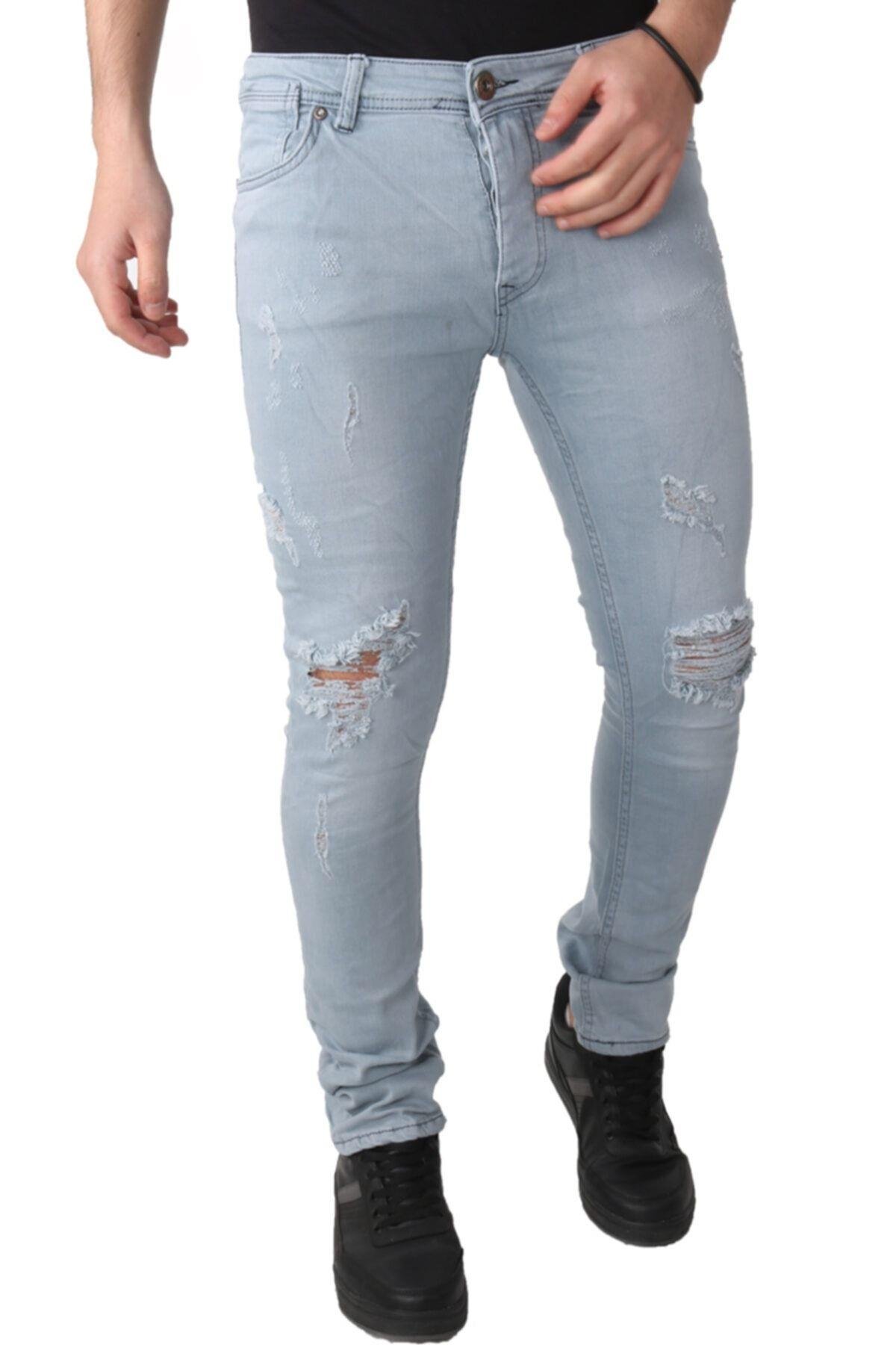 Erkek Lazerli Jeans Buz Mavi Kot Pantolon