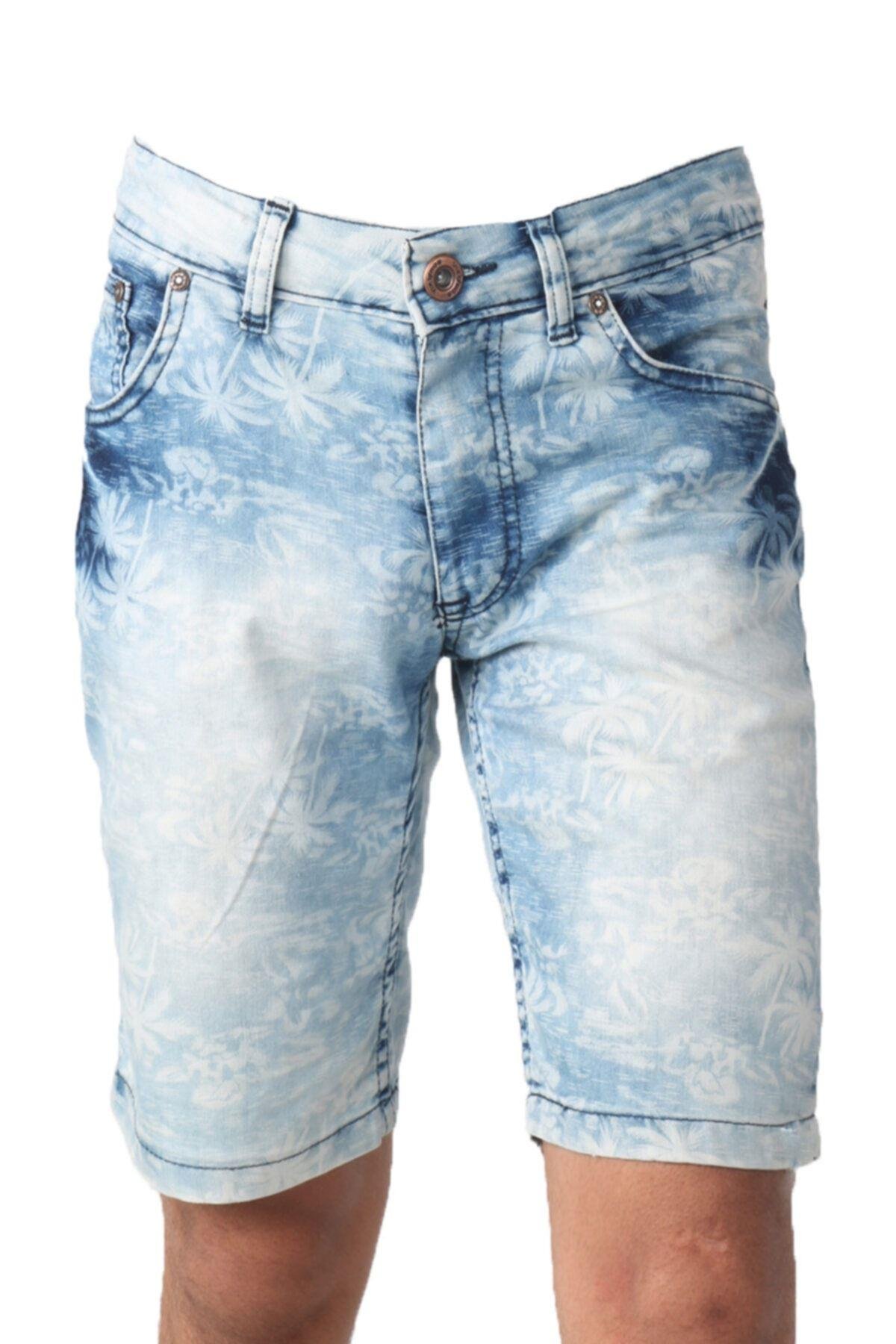 Erkek Mavi Denim Palmiye Desenli Şort