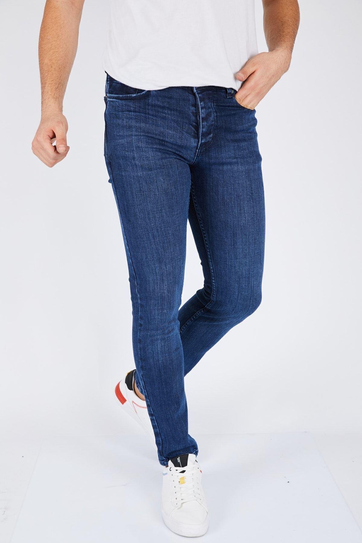Erkek Mavi Düz Slim Fit Likralı Dar Paça Kot Pantolon